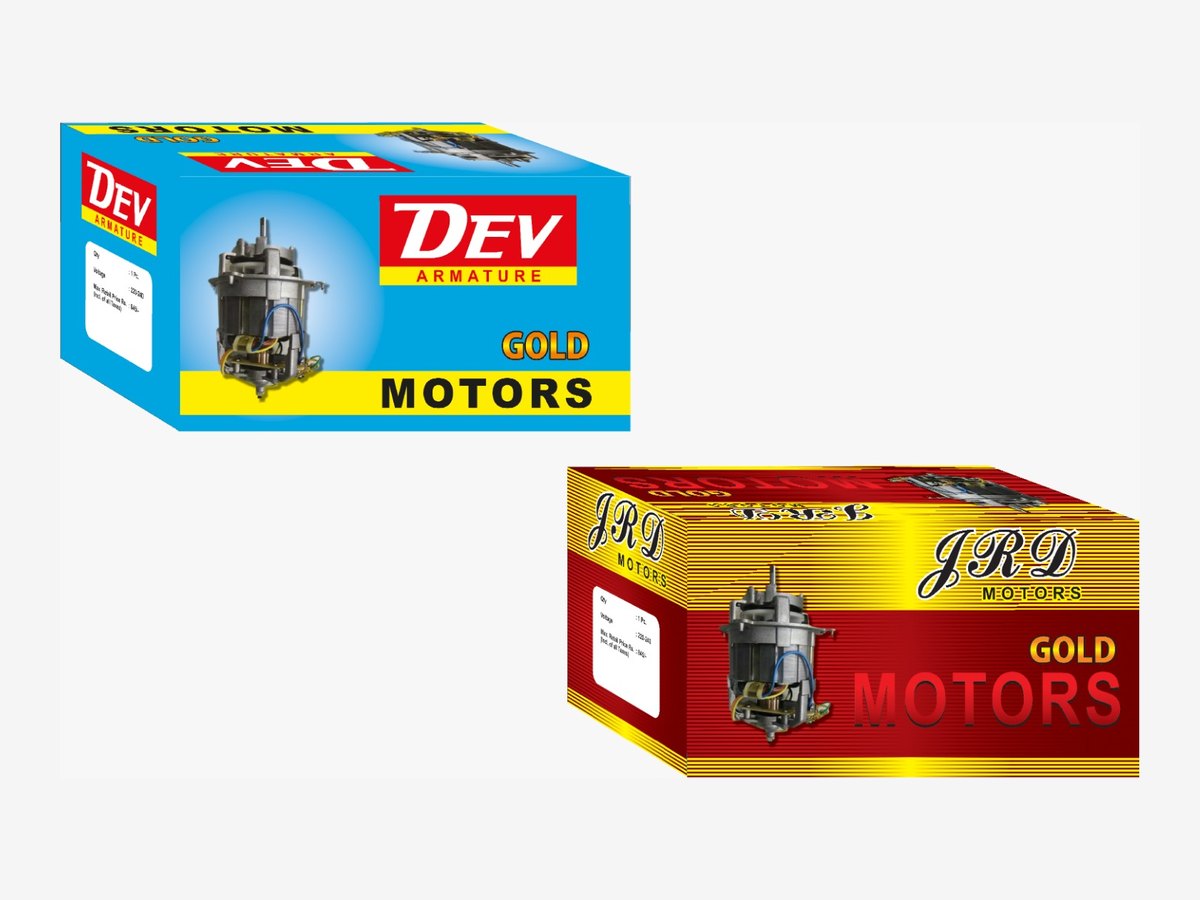 DEV and JRD motor cartons with product photography and rating panels