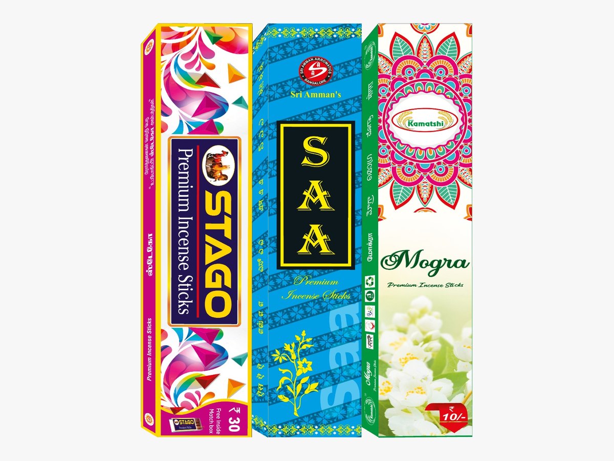 Incense stick cartons with gold and metallic effects